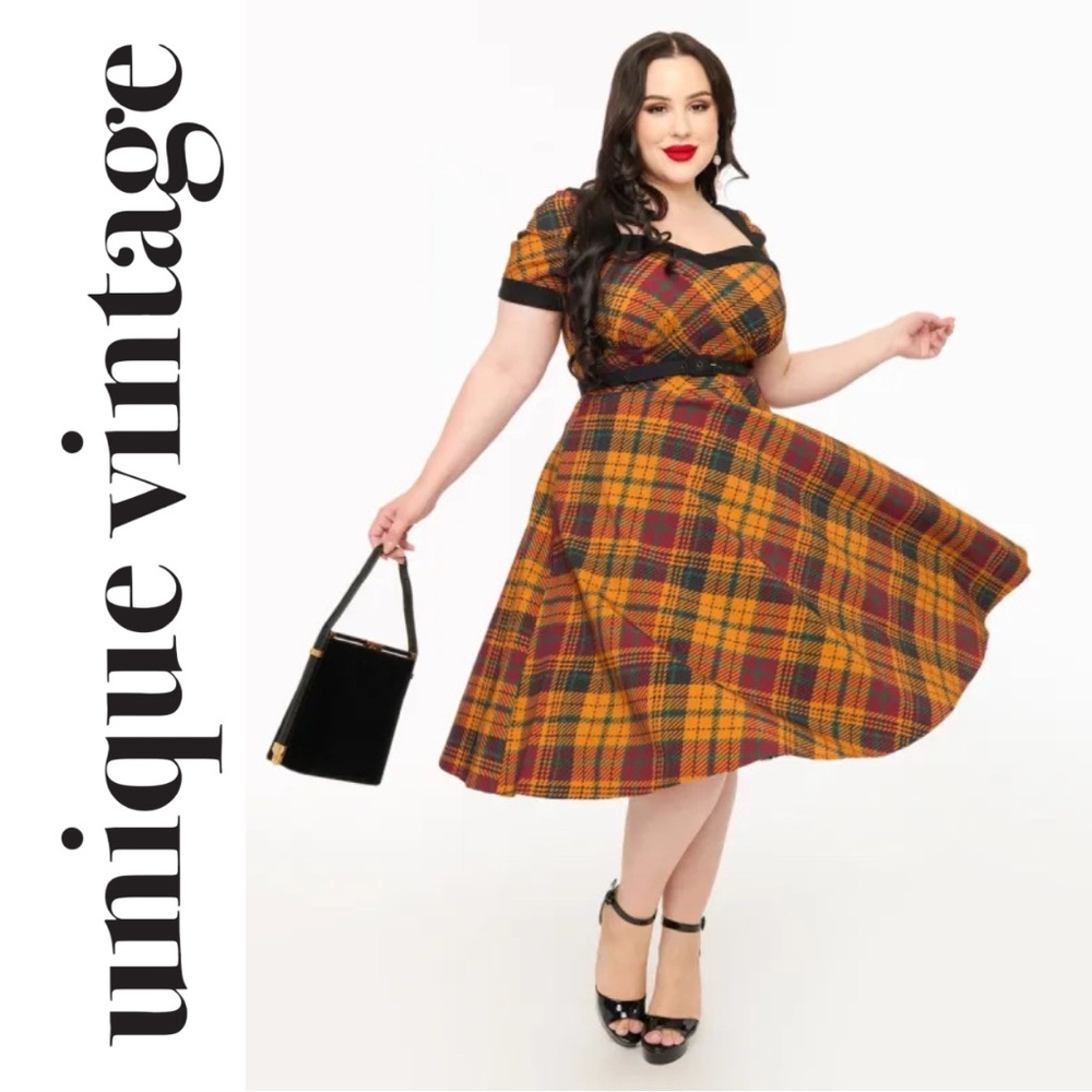 Unique Vintage Checkered Midi Dress in Red and Gold